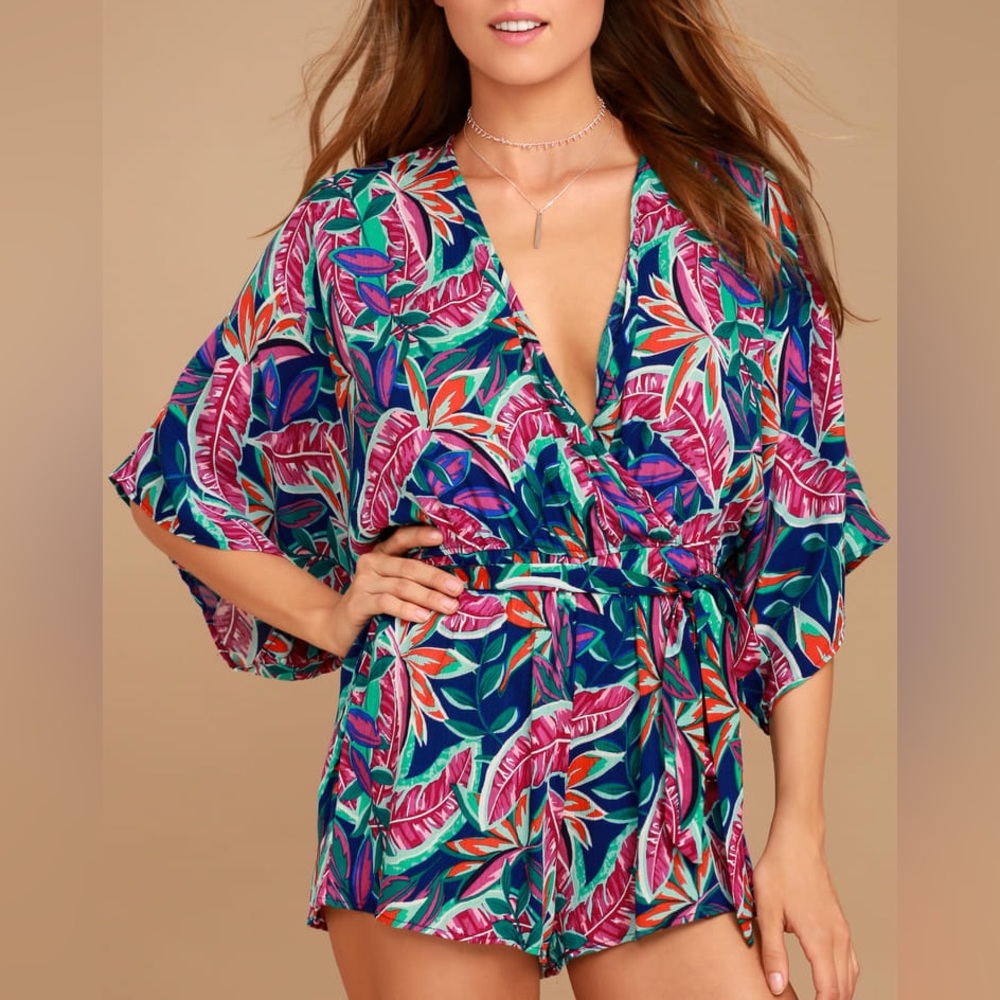 Lulu’s Hypnotized Purple Tropical Print Long Sleeve Romper